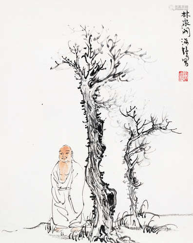 林海钟（b.1968） 松下高士 镜片 设色纸本