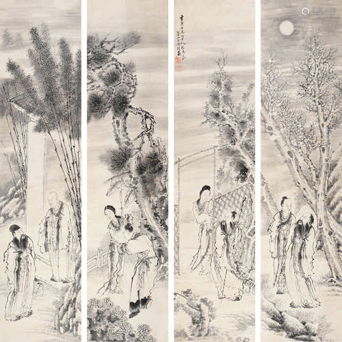 洪钟（明？～1523） 人物故事 立轴四屏 水墨纸本