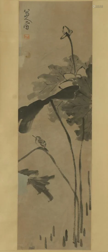 AN INK SCROLL PAINTING OF BIRD ON L…