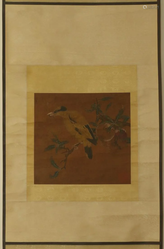 A SILK SCROLL PAINTING OF BIRDS & PO…