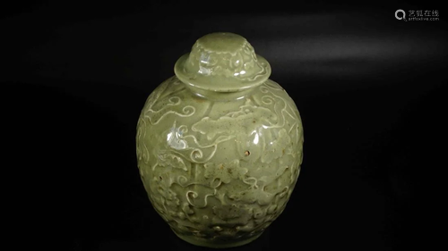 CELADON GLAZED FLORAL RELIEF PORCELAI…