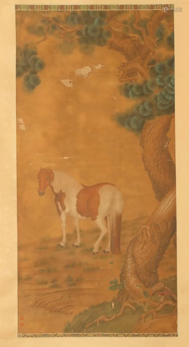 A CHINESE SCROLL PAINTING OF A STEED U…