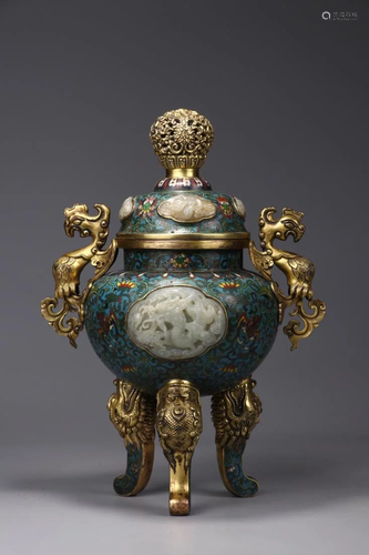 A GILT BRONZE JADE INLAID CLOISONNE…