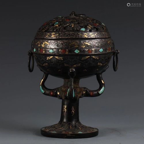 A GOLD INLAID BRONZE INCENSE BURNER