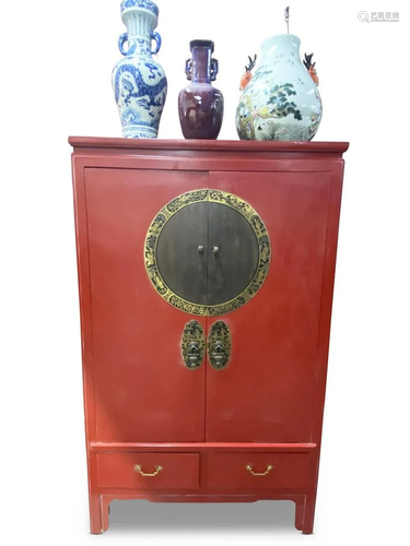 Chinese Red Lacquer Wedding Cabinet,