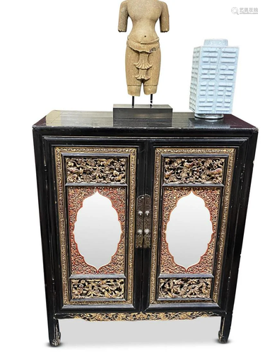 Chinese Carved and Black Lacquer Cabinet,