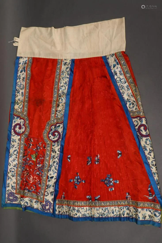 Chinese Red Damask Silk Concertina Skirt,