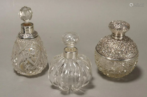 Three Silver and Crystal Perfume Bottles and