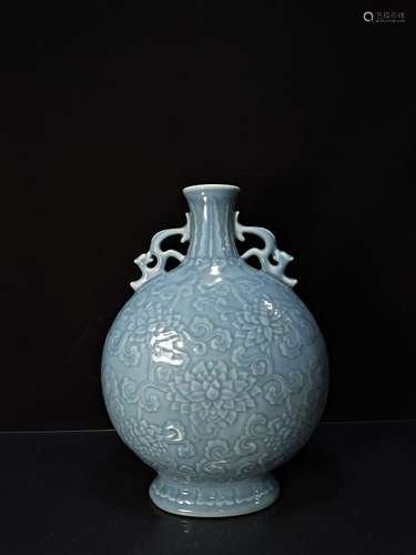 A Azure Glaze Floral Carved Porcelain Vase