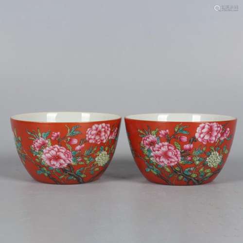 A Pair of Red Ground Floral Cups