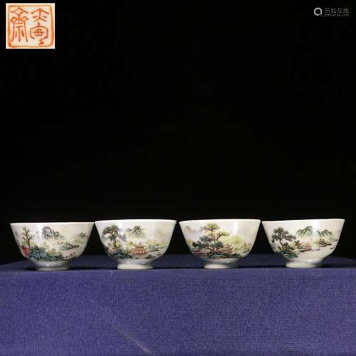 Set of Famille Rose Landscape  Porcelain Cups