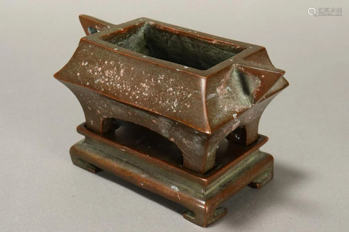 Chinese Bronze Twin Handled Censer and Stand,