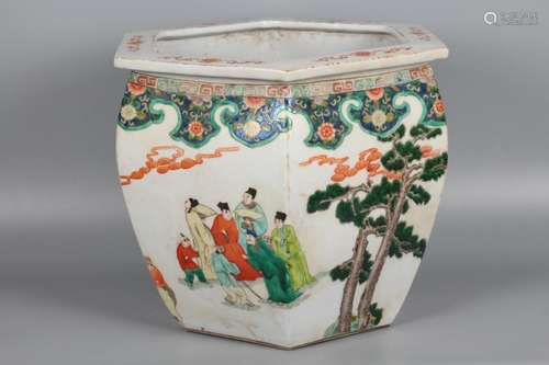 A Gucai Character Painted Porcelain Hexagon Vat