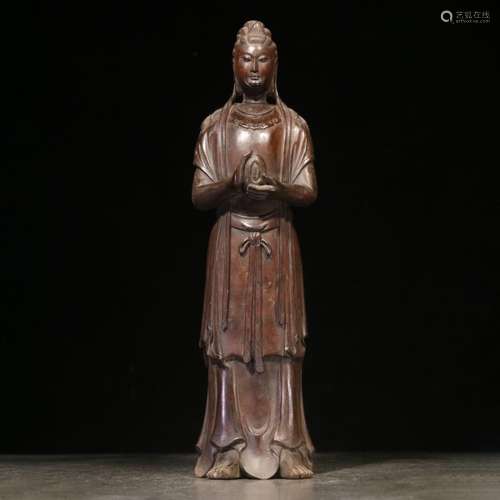 A Hand Carved Boxwood Guanyin Statue