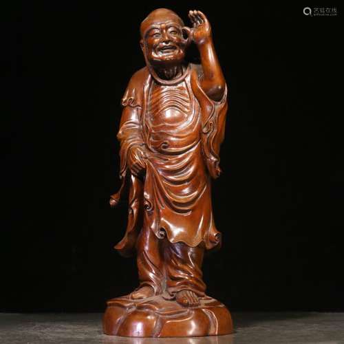 A Hand Carved Boxwood Standing Arhat Statue