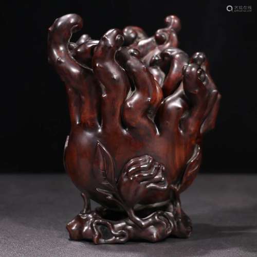 Red Sandalwood Burl Carved Buddha's Hand Brush Pot