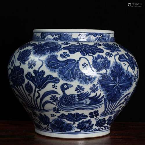 A Blue and white Lotus and Mandarin duck  Jar