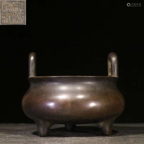 A Three-legged Double Ears Copper Incense Burner