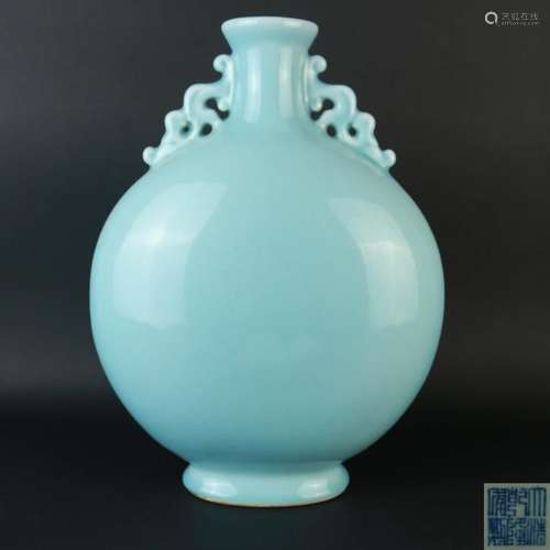 An Azure Glaze Porcelain Double Ears Vase