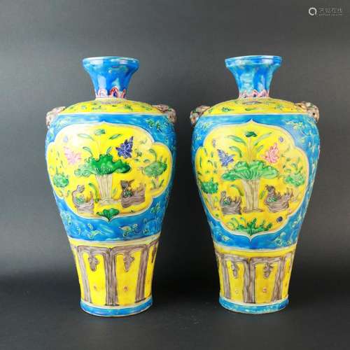 A Pair Of Enamel Floral Porcelain Plum Bottles