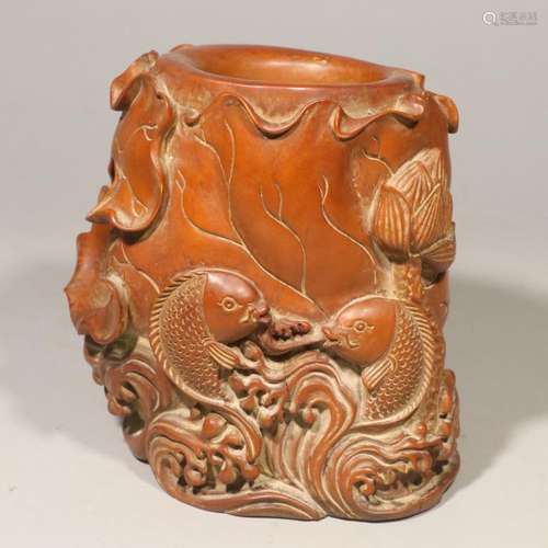 A Hand Carved Lotus Pattern Boxwood Brush Pot