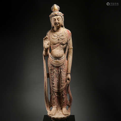 ANCIENT CHINESE WHITE STONE PAINTED GUANYIN STANDING