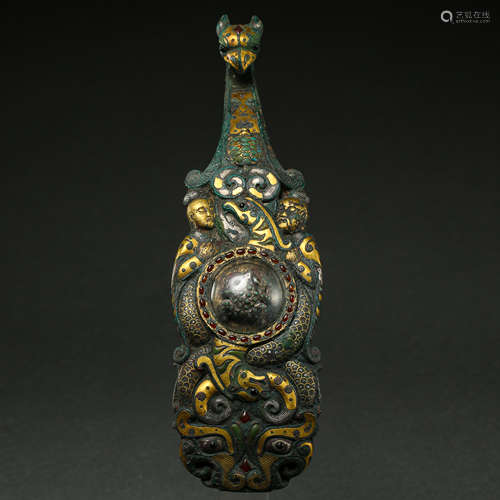 THE WARRING STATES PERIOD OF CHINA,  BELT HOOK INLAID GOLD, SILVER, TURQUOISE AND GEMSTONE CRYSTAL