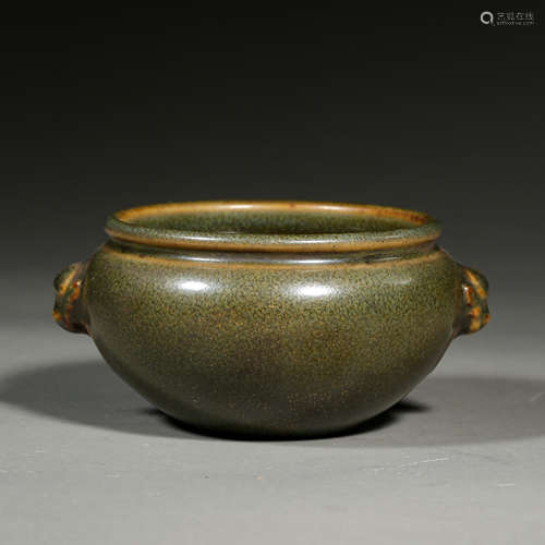 CHINESE QING DYNASTY TEA POWDER COLOR GLAZED FURNACE WITH BEAST EAR HANDLES