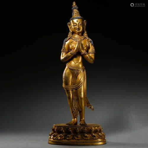 QING DYNASTY, THE GILT BRONZE STANDING BODHISATTVA STATUE