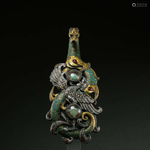 THE WARRING STATES PERIOD, CHINESE BRONZE BELT HOOK INLAID GOLD, SILVER, TURQUOISE