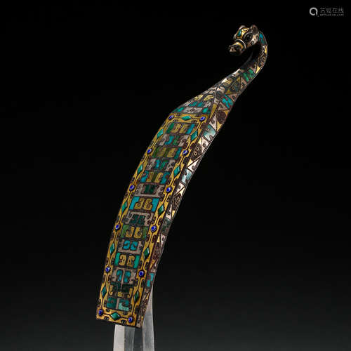 THE WARRING STATES PERIOD, CHINESE BRONZE BELT HOOK INLAID GOLD, SILVER, TURQUOISE