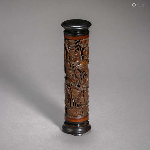 ANCIENT CHINESE WOOD CARVED INCENSE TUBE