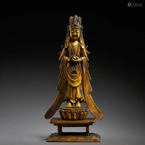 ANCIENT CHINESE GILT BRONZE STANDING BUDDHA FIGURE