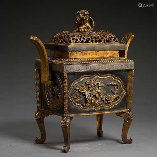 GILT-BRONZE AND CHISEL-CARVED INCENSE BURNER MADE BY THE PALACE BUILDING OFFICE OF THE QING DYNASTY, CHINA