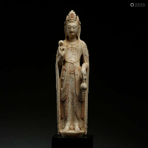 ANCIENT CHINESE WHITE STONE GUANYIN STANDING STATUE