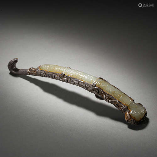 WARRING STATES PERIOD OF CHINA, BRONZE BELT HOOK INLAID JADE