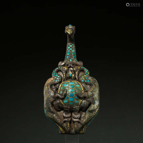 WARRING STATES PERIOD OF CHINA, BRONZE BELT HOOK INLAID GOLD, SILVER, TURQUOISE