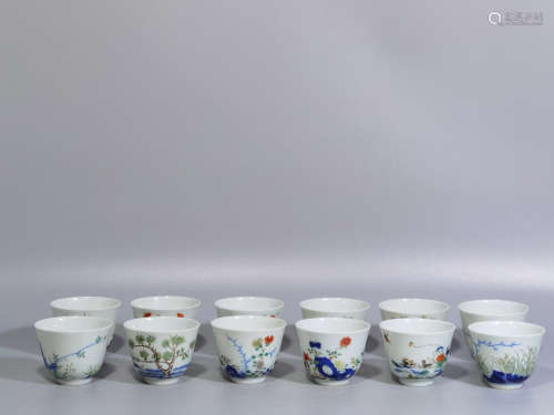 Chinese Set Of Qing Dynasty Kangxi Period Verte Rose Porcelain Cups