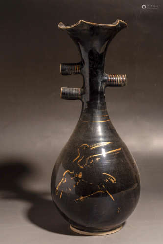 Chinese Ding Kiln Black Glazed Gold Painted Porcelain Bottle