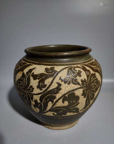 Chinese Black Glazed Engraved Porcelain Flower Pot