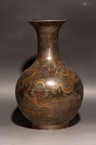 Chinese Bronze Gold Painted Golden Dragon Bottle