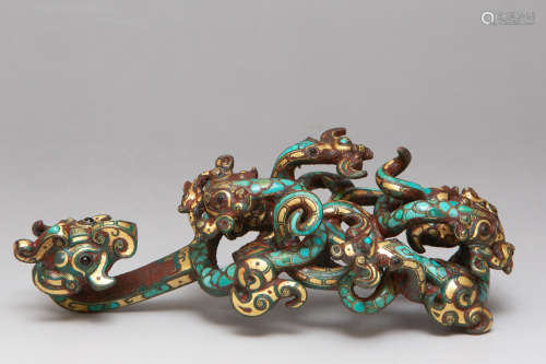 Chinese Gold Painted Hook Inlaid With Turquoise