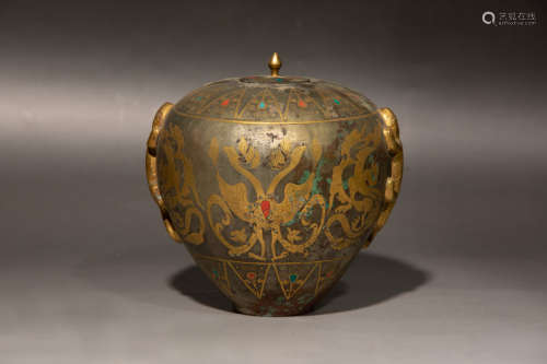 Chinese Bronze Gold Painted Cover Jar