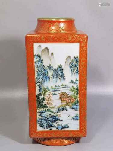 Chinese Qing Dynasty Qianlong Period Coral Red Gold Painted Porcelain Square Bottle