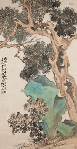 Zhou Xian (1820-1875) Rock, Cypress and Chrysanthemum, 1873