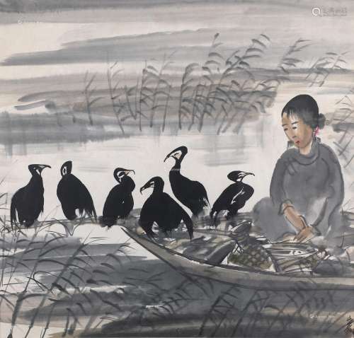 林风眠（1900～1991） 渔妇与鹦鹉 纸本设色