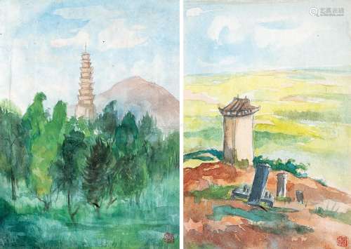 关良（1900～1986） 洛阳白马寺 纸本水彩