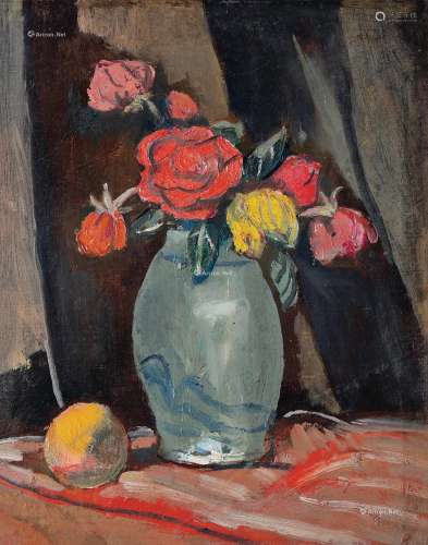 关良（1900～1986） 红玫瑰 纸板油画