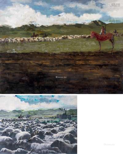 李青（B.1981） 2012年作 被切割的风景-牧羊 布面油画；照片丙烯着色