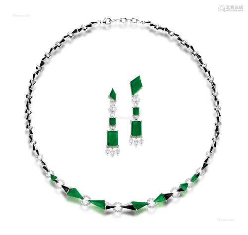 帝王绿玻璃种翡翠ART DECO风格颈链、耳钉套装
